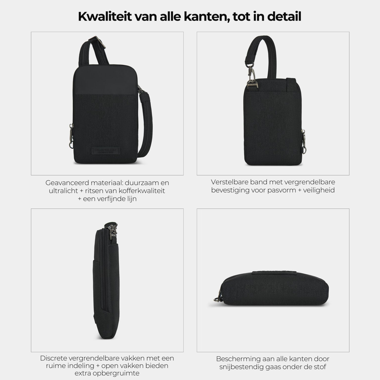 Kwaliteit en details van de Travelon Metro Stadium Mini van alle kanten