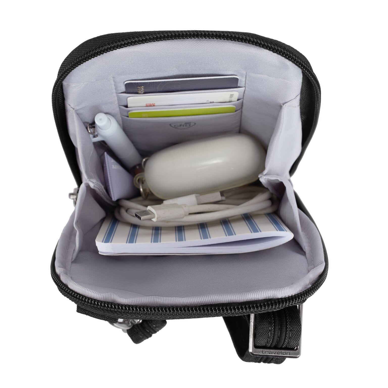 Travelon Metro Stadium Mini open met powerbank, oplaadkabel en notitieboek