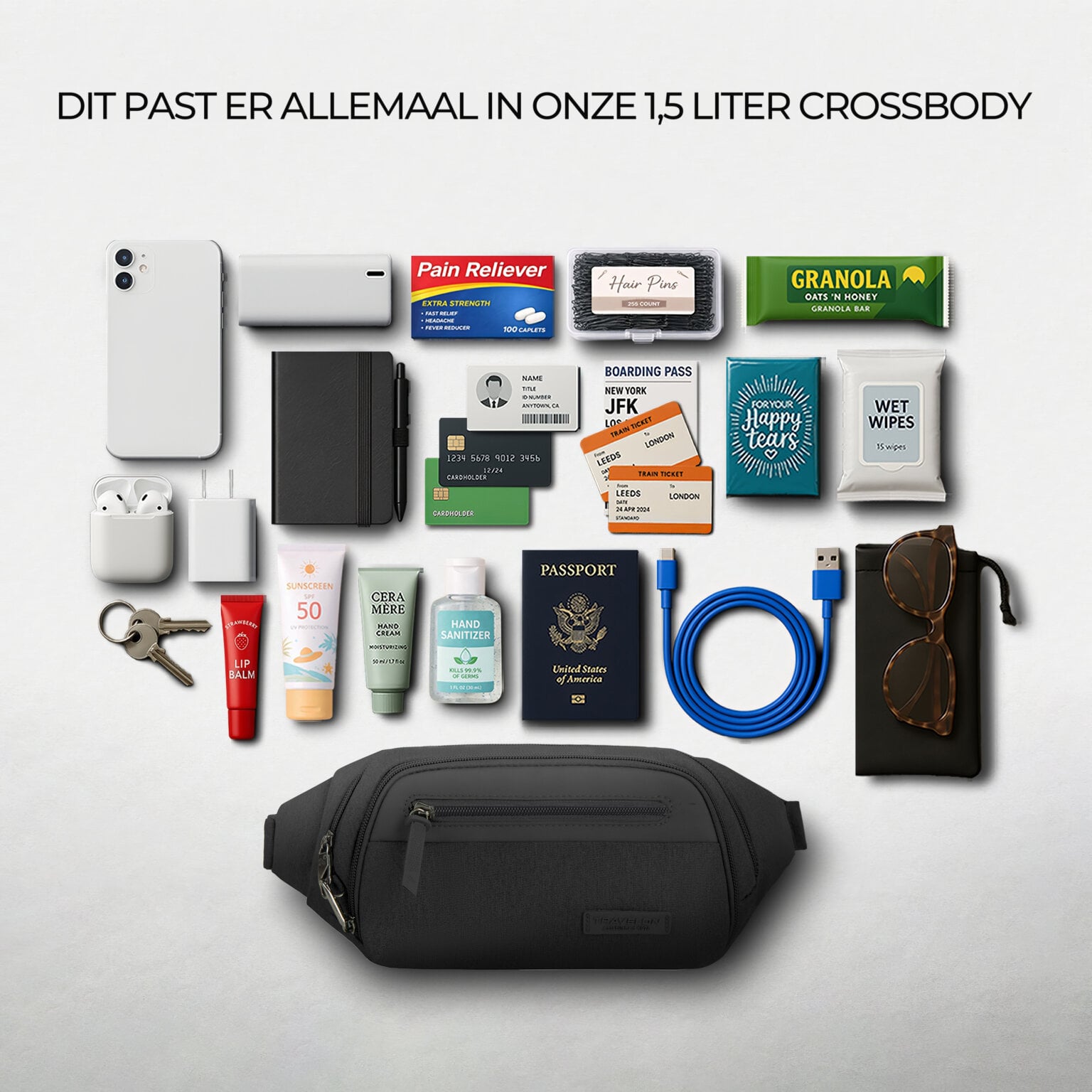 Overzicht van alles wat in de 1,5 liter Travelon Metro Waistpack past