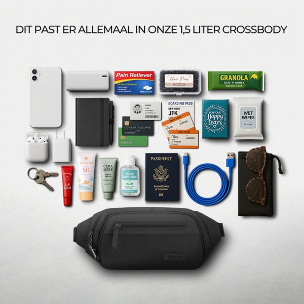 Overzicht van alles wat in de 1,5 liter Travelon Metro Waistpack past