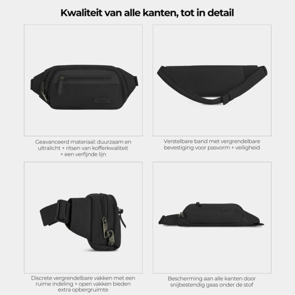 Kwaliteit en details van de Travelon Metro Waistpack van alle kanten