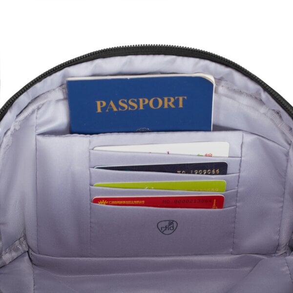 RFID-beschermde vakken van de Travelon Metro Waistpack met paspoort en pasjes