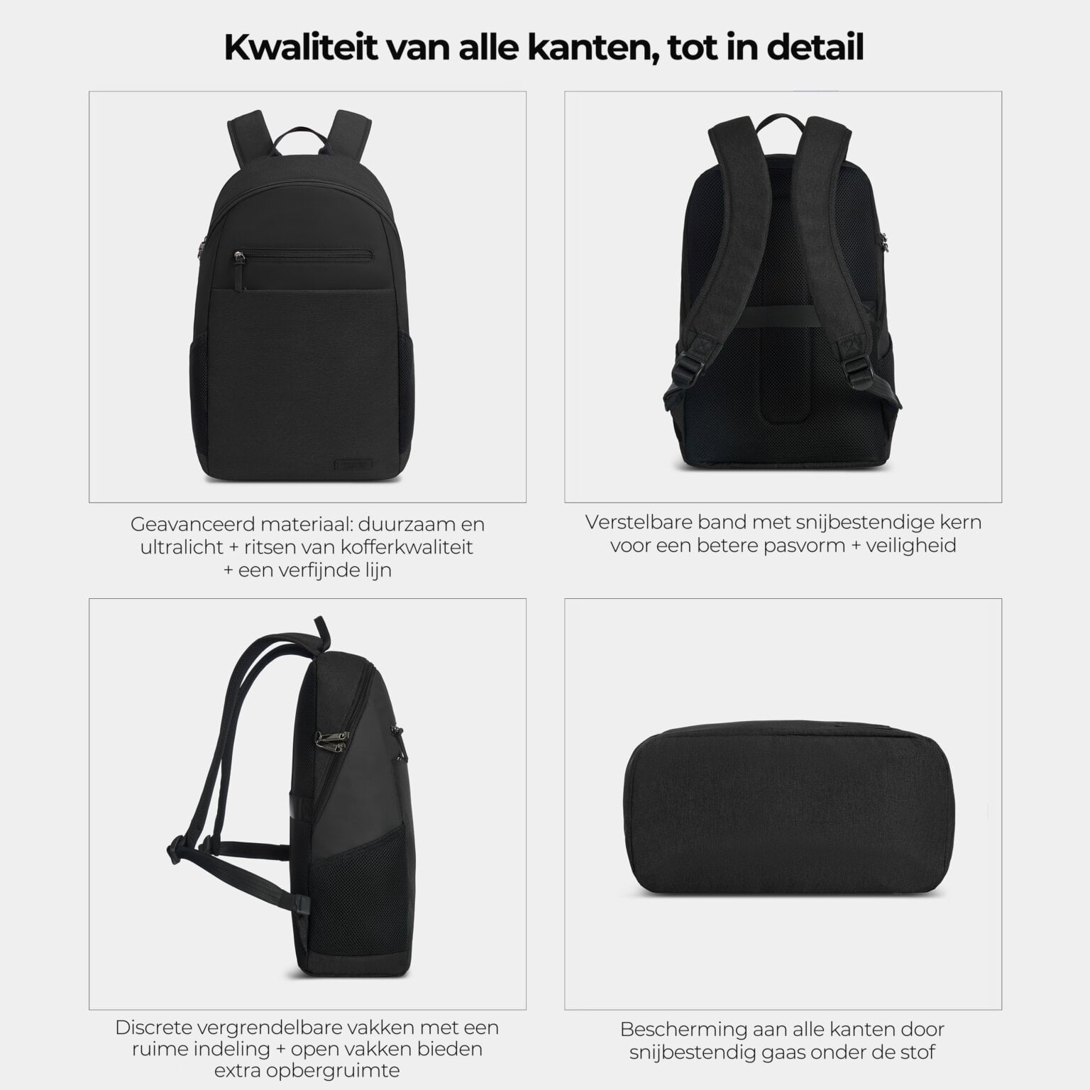 Kwaliteit en details van de Travelon Metro rugzak van alle kanten