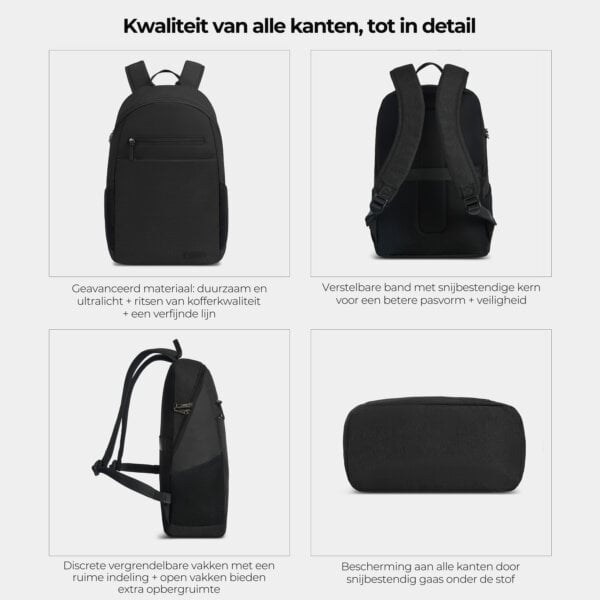 Kwaliteit en details van de Travelon Metro rugzak van alle kanten