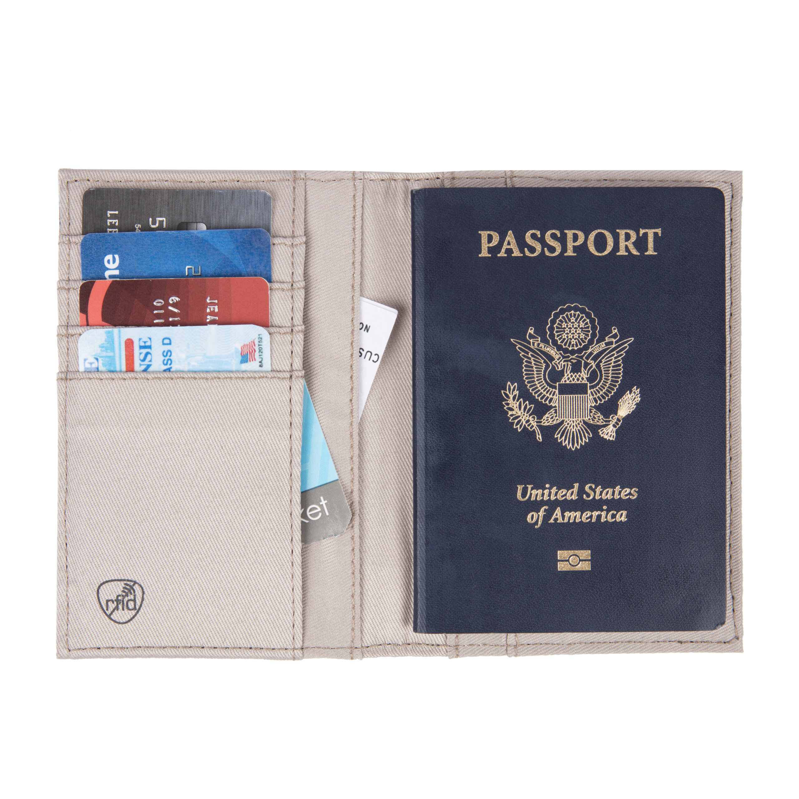 Binnenkant van het Travelon paspoort etui met ruimte voor pasjes, geld en tickets