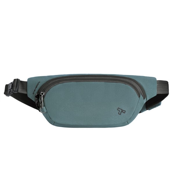 Travelon Voyages anti-diefstal heuptas in blauw van voren met verstelbare band