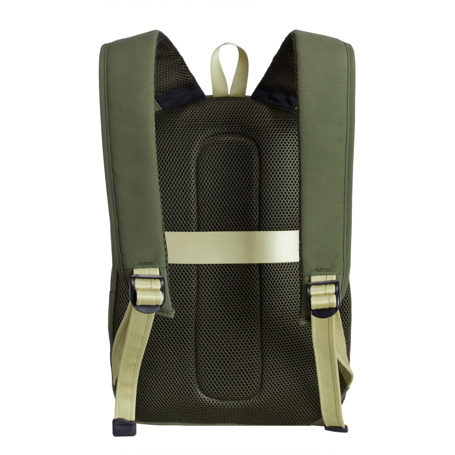 Achterkant van de Travelon Voyages daypack in olijfgroen met gepolsterde schouderbanden en trolleyband