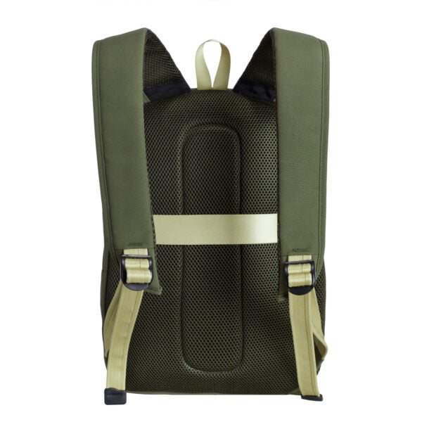 Achterkant van de Travelon Voyages daypack in olijfgroen met gepolsterde schouderbanden en trolleyband