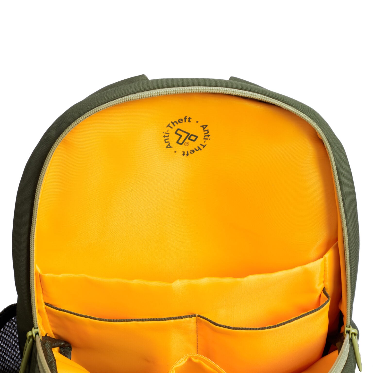 Anti-diefstal print in de voering binnenin de Travelon Voyages daypack in olijfgroen