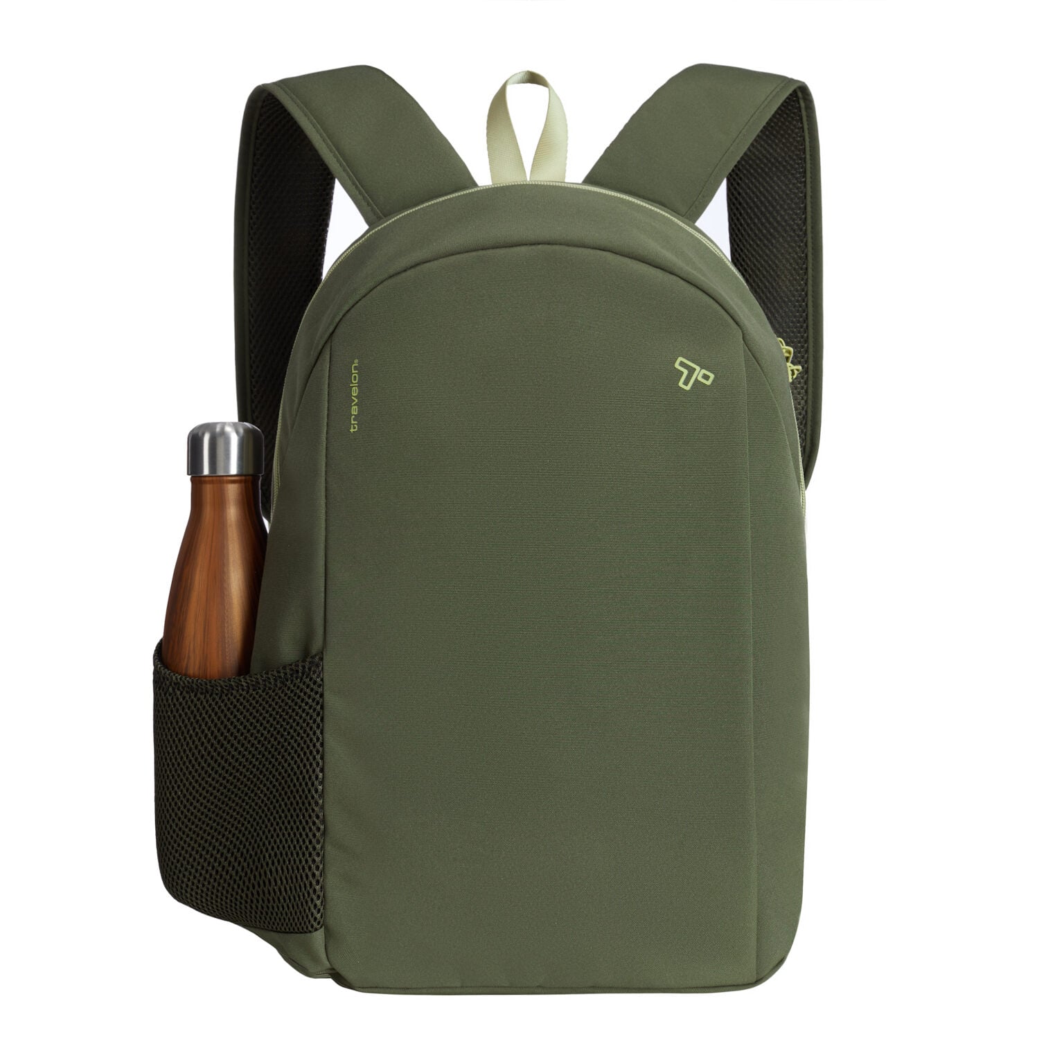 Travelon Voyages daypack in olijfgroen met een drinkfles in het mesh zijvak