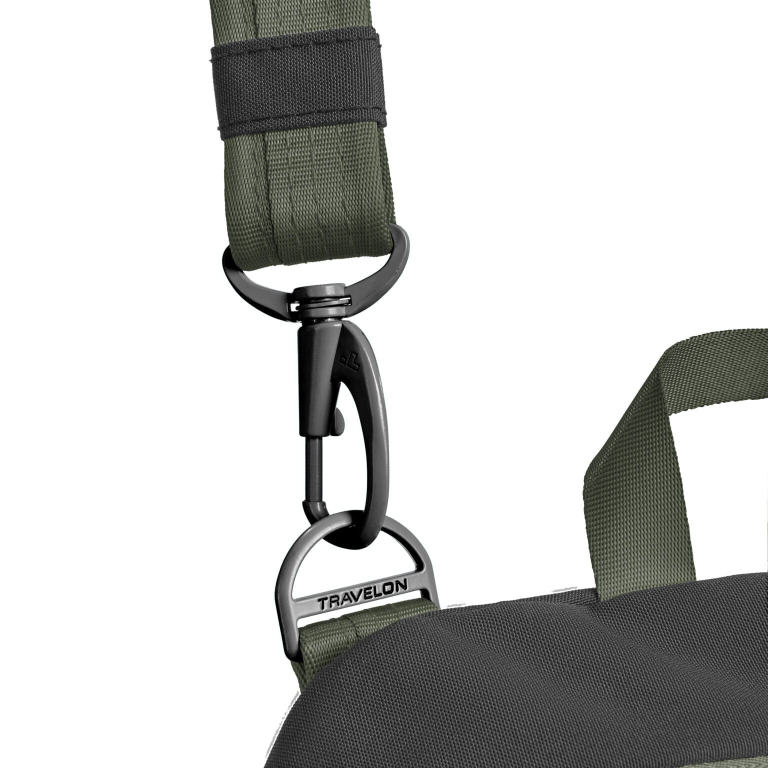 Detail van de musketonhaak waarmee de schouderband aan de Travelon Voyages tour bag in zwart vastzit