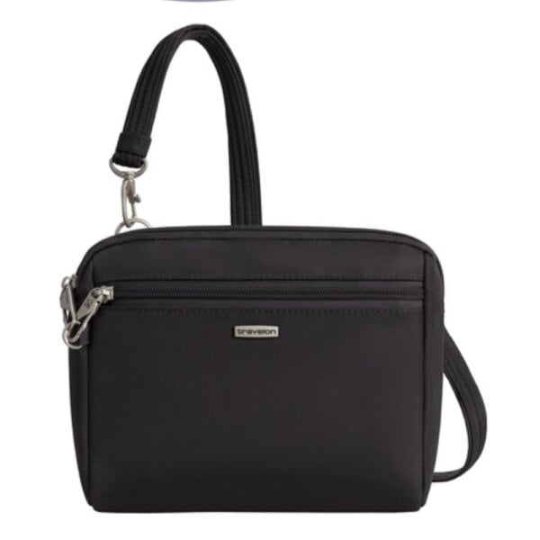 Vooraanzicht van de Travelon Classic kleine crossbody of heuptas in zwart