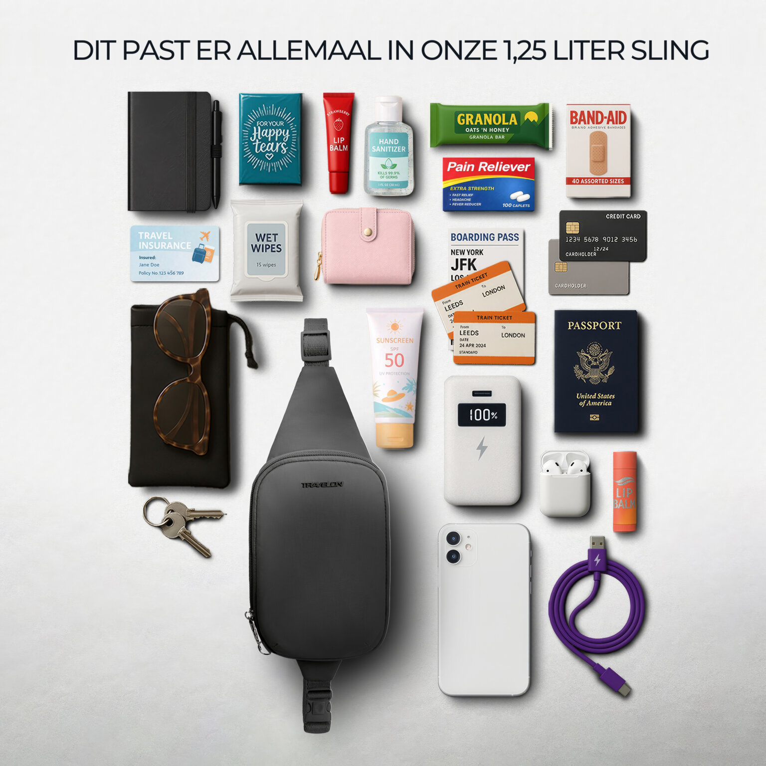 Overzicht van alles wat in de 1,25 liter Travelon Roam compact sling in zwart past