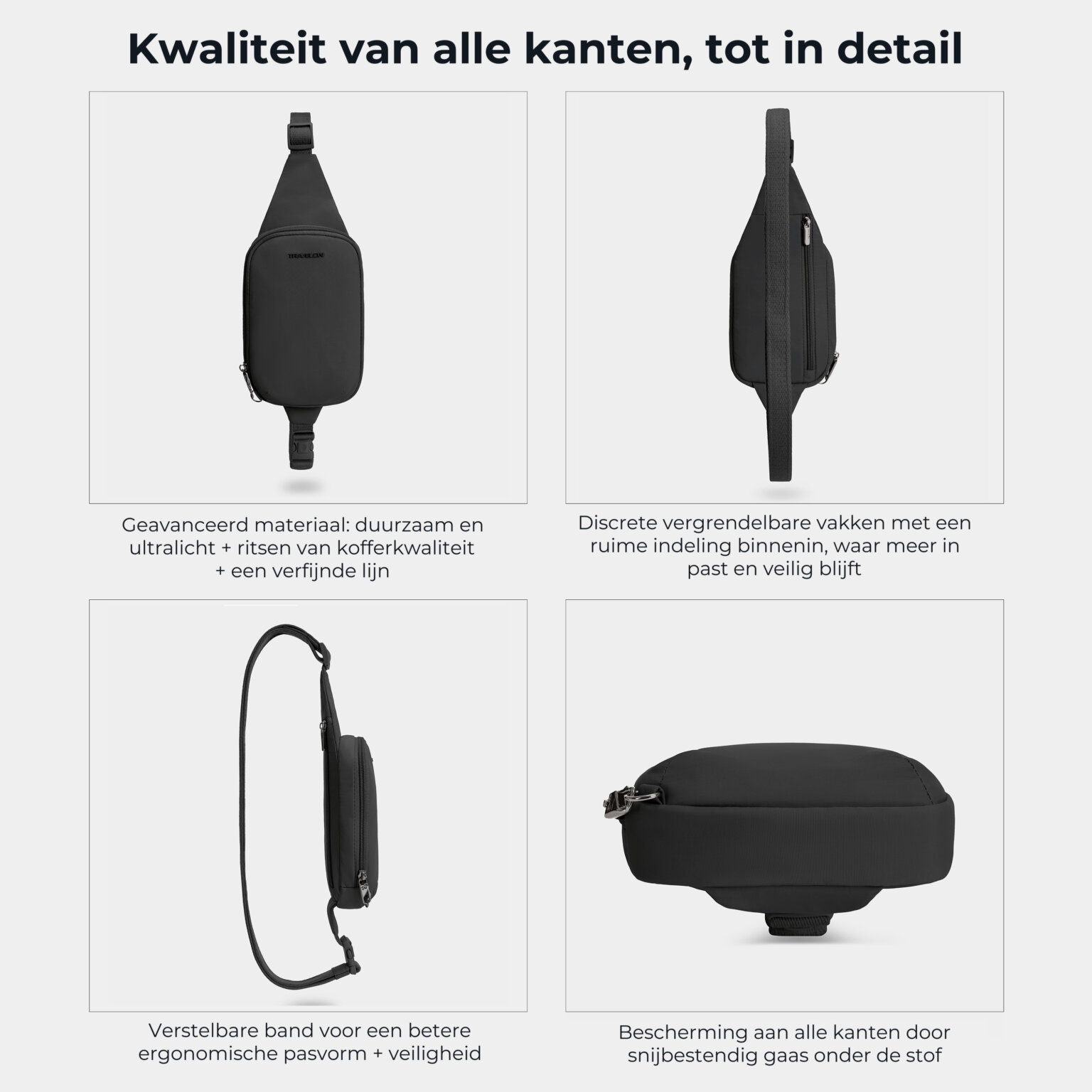 Kwaliteit en details van de Travelon Roam compact sling in zwart van alle kanten