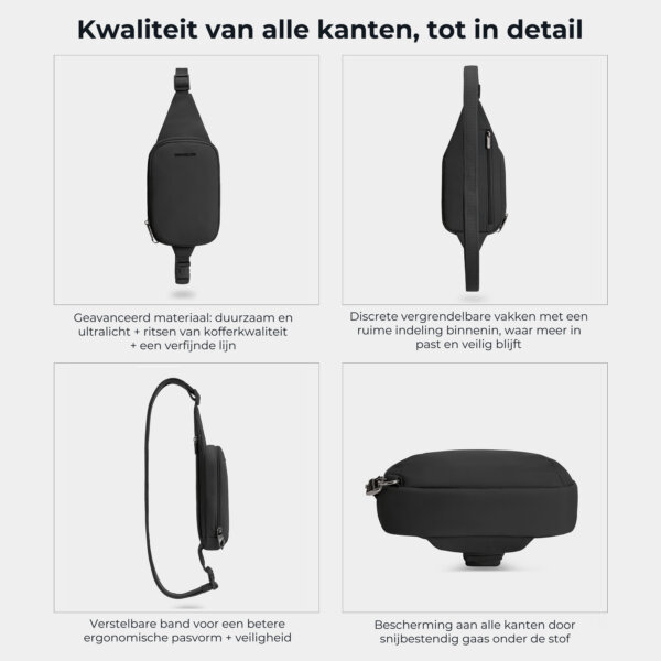 Kwaliteit en details van de Travelon Roam compact sling in zwart van alle kanten