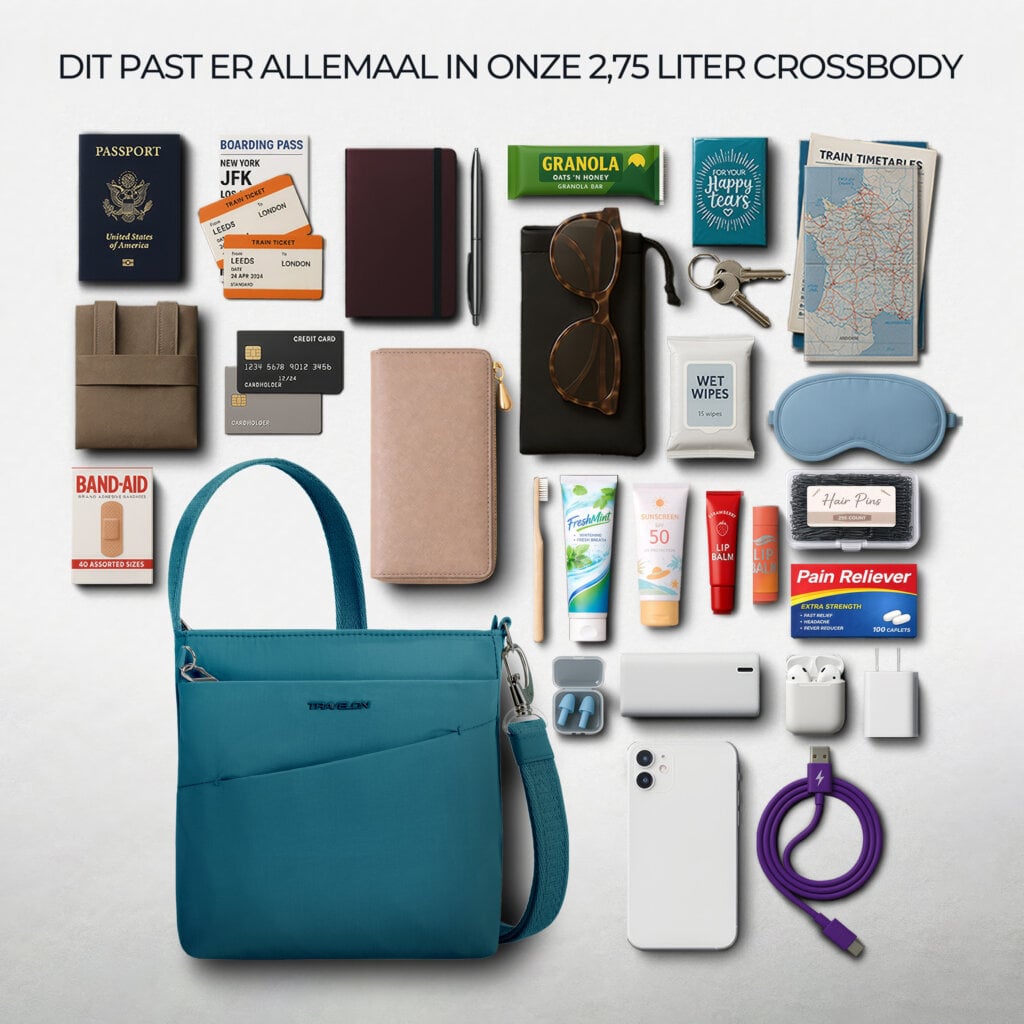 Alles wat er in de 2,75 liter kleine crossbody tas van Travelon Roam past