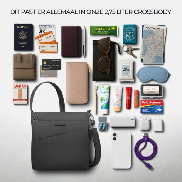 Overzicht van alles wat in de 2,75 liter Travelon Roam kleine crossbody tas in zwart past
