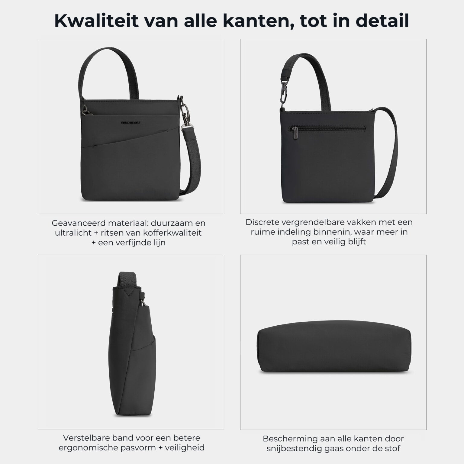 Kwaliteit en details van de Travelon Roam kleine crossbody tas in zwart van alle kanten