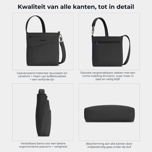 Kwaliteit en details van de Travelon Roam kleine crossbody tas in zwart van alle kanten