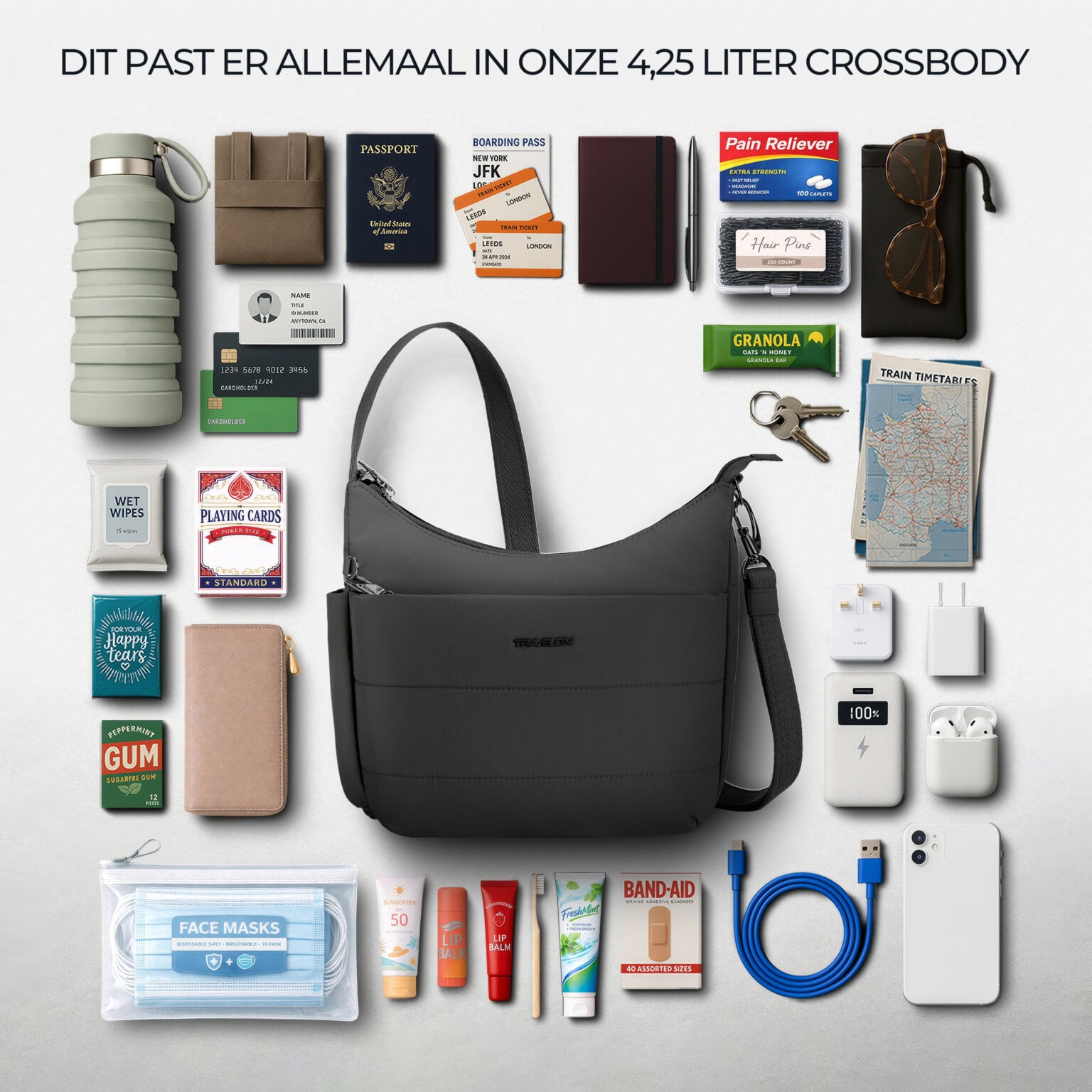 Overzicht van alles wat in de 4,25 liter Travelon Roam medium crossbody tas in zwart past