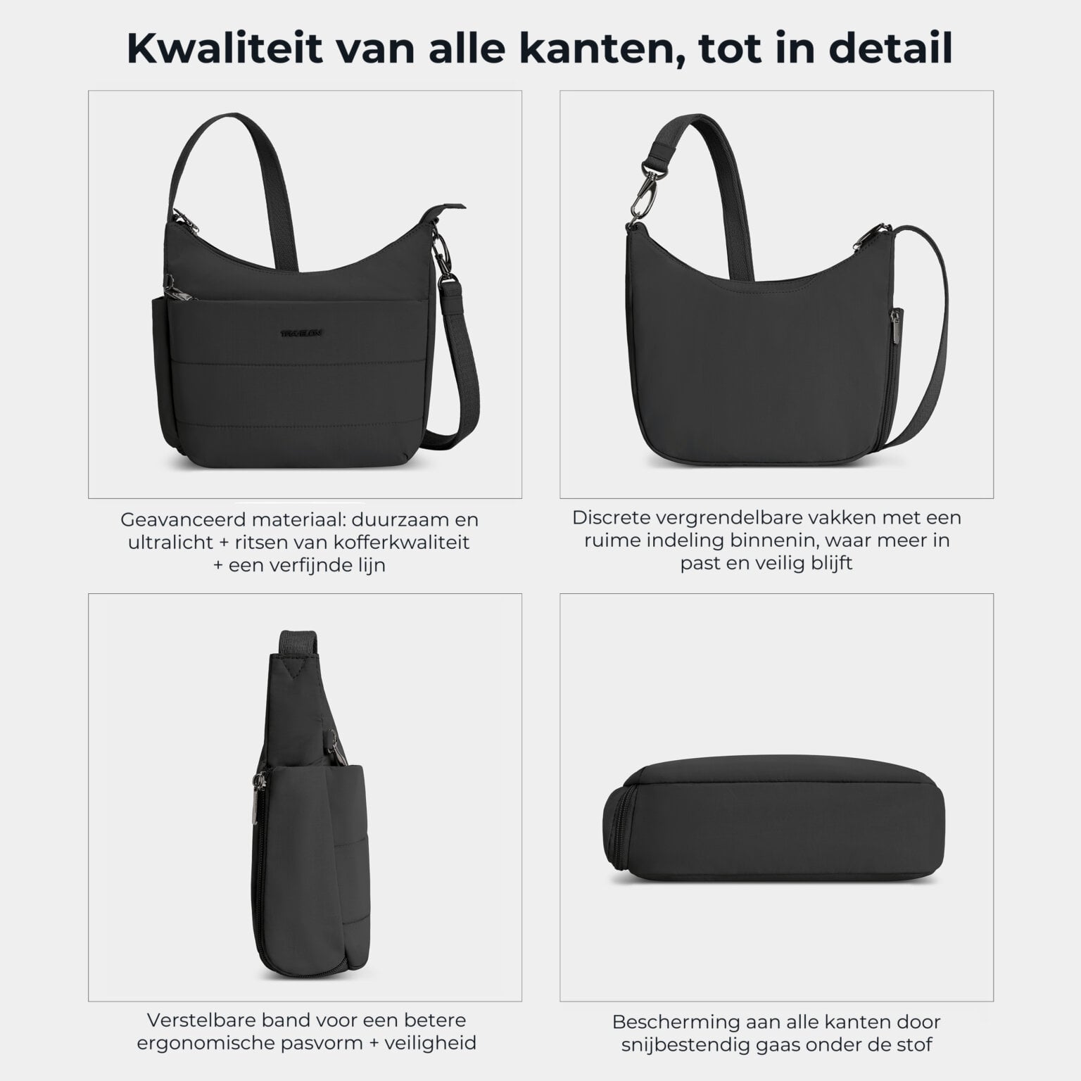 Kwaliteit en details van de Travelon Roam medium crossbody tas in zwart van alle kanten