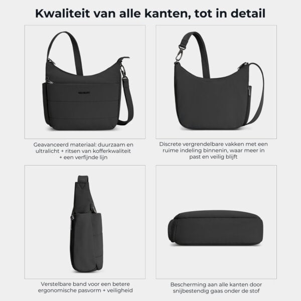Kwaliteit en details van de Travelon Roam medium crossbody tas in zwart van alle kanten