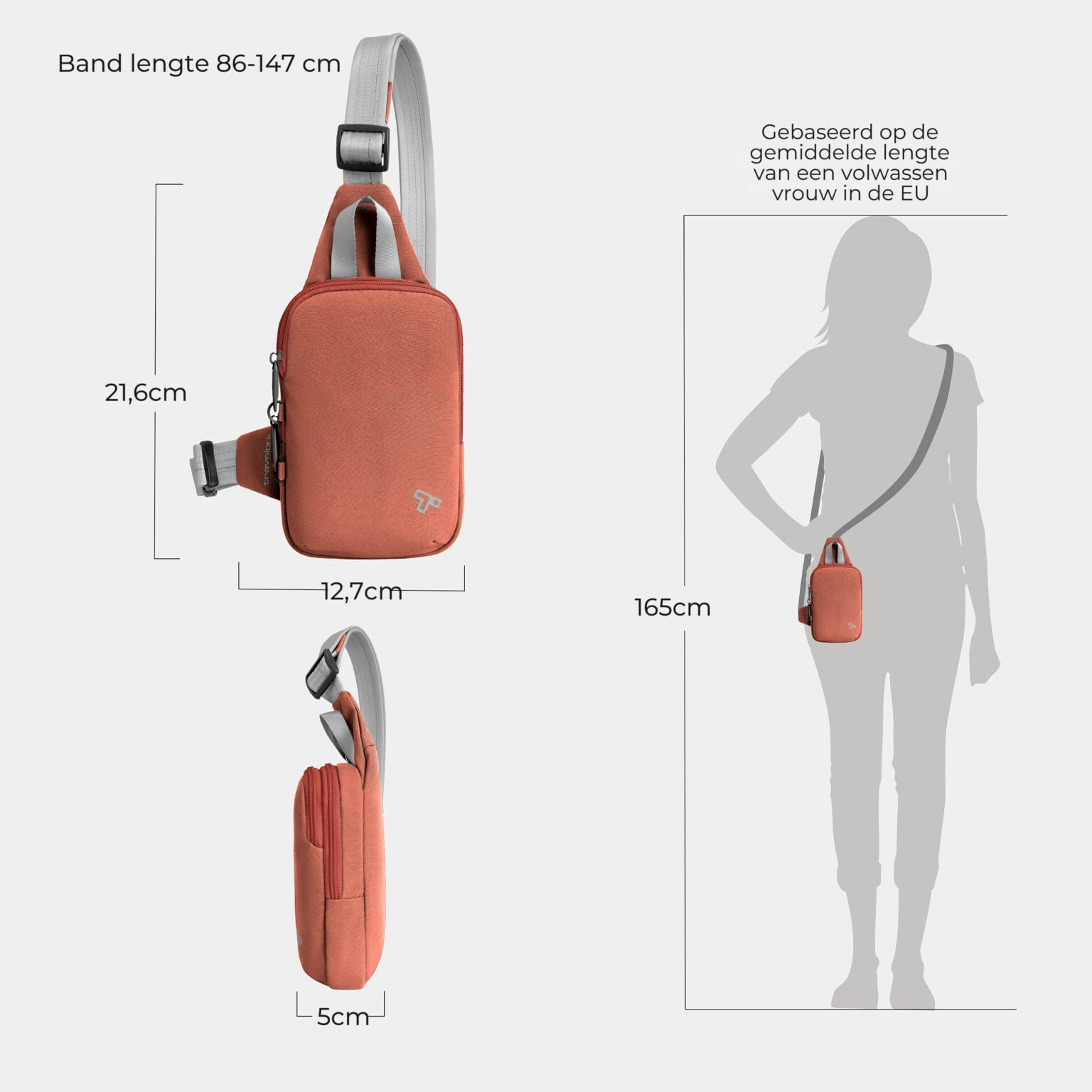 Maattekening van de Travelon Voyages compact sling in koraal met de afmetingen in centimeters