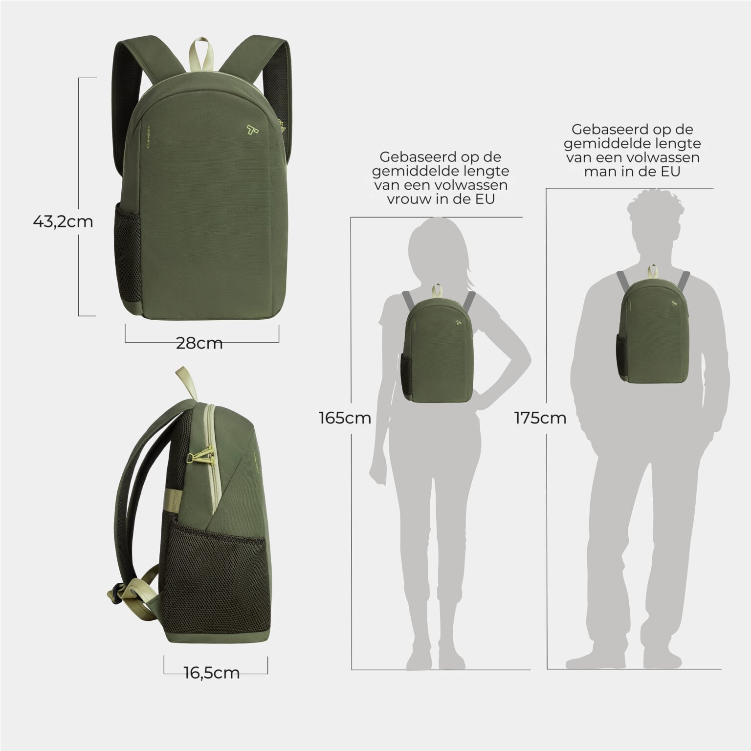 Maattekening van de Travelon Voyages daypack in olijfgroen met de afmetingen in centimeters