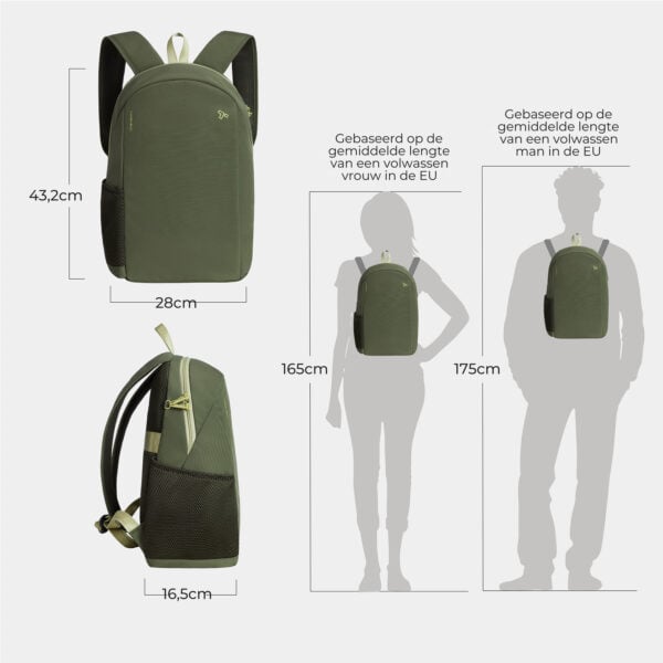 Maattekening van de Travelon Voyages daypack in olijfgroen met de afmetingen in centimeters
