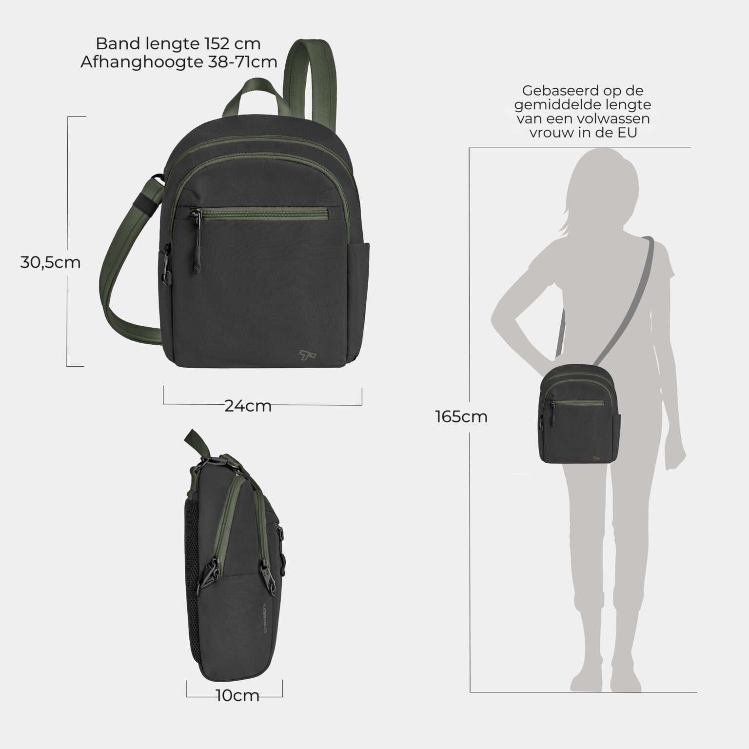 Maattekening van de Travelon Voyages tour bag in zwart met de afmetingen in centimeters