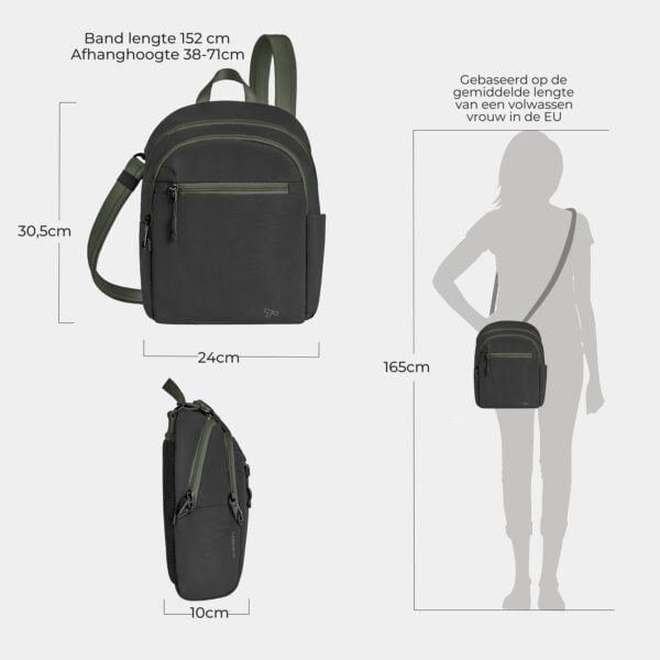 Maattekening van de Travelon Voyages tour bag in zwart met de afmetingen in centimeters