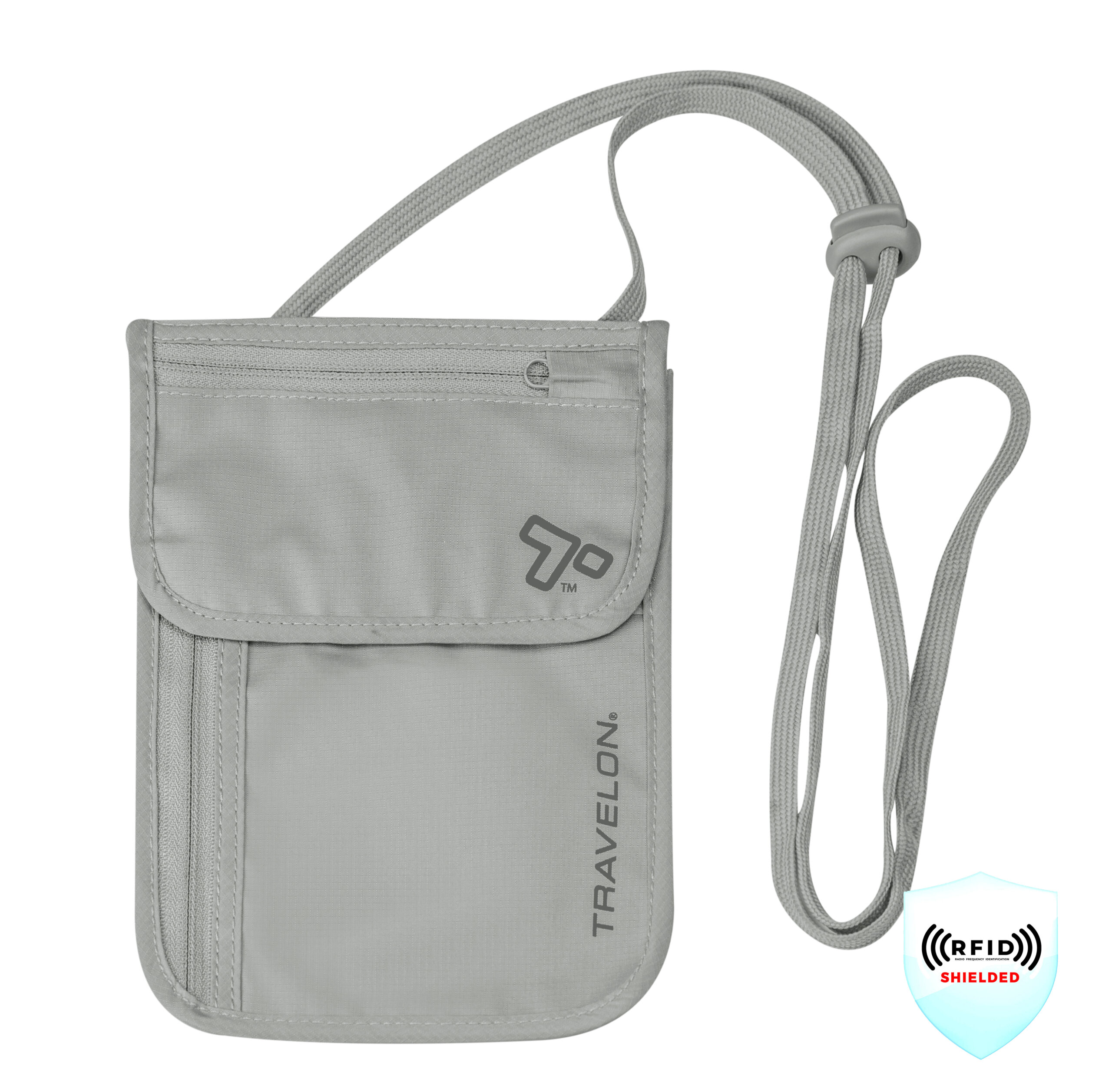 Travelon RFID-blokkerende nekportemonnee SKU 12998-510 in de kleur grijs.