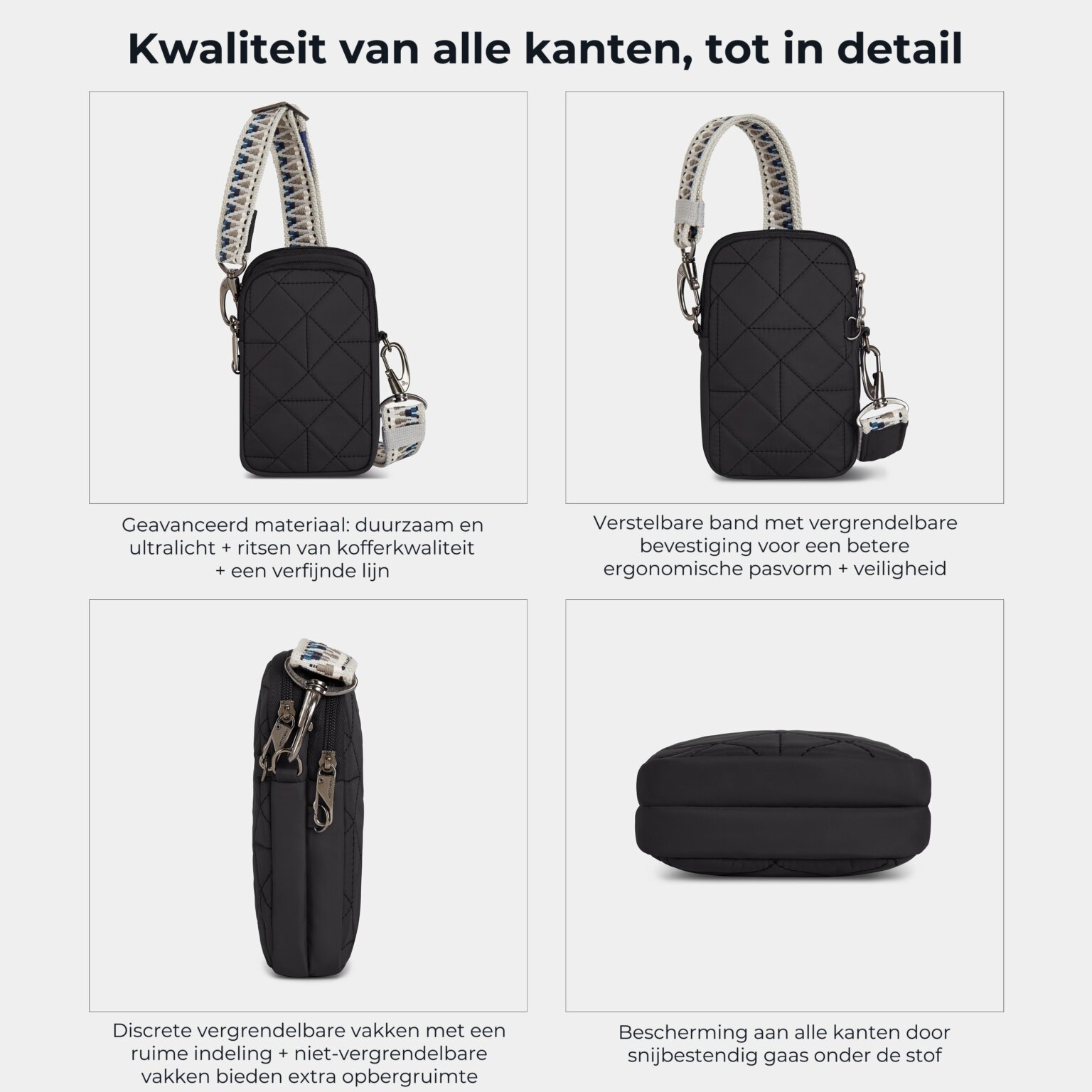 Kwaliteit en details van de Travelon Boho telefoon crossbody in zwart van alle kanten