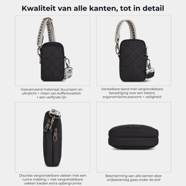 Kwaliteit en details van de Travelon Boho telefoon crossbody in zwart van alle kanten