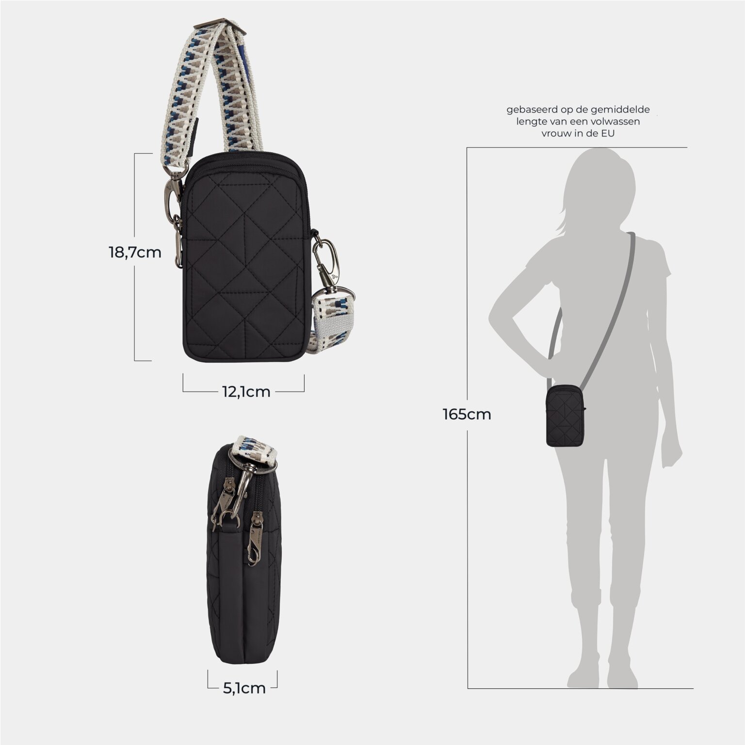 Maattekening van de Travelon Boho telefoon crossbody in zwart met de afmetingen in centimeters