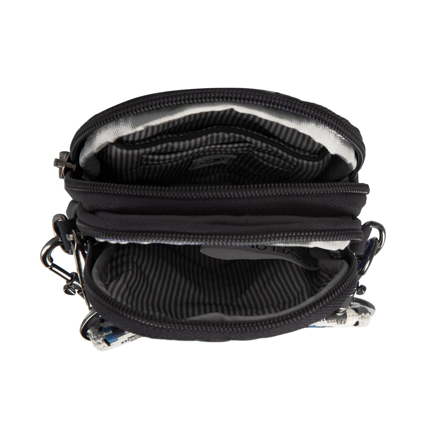 De twee open vakken van de Travelon Boho telefoon crossbody in zwart