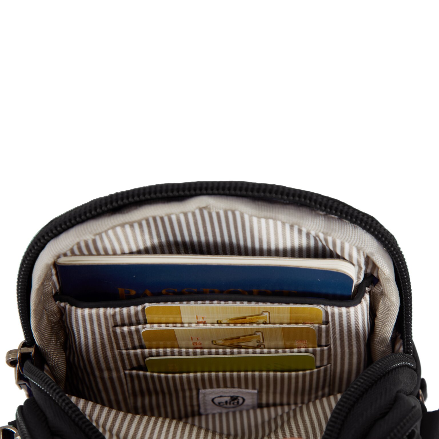 RFID-organizer met pasjesvakken in het voorvak van de Travelon Boho telefoon crossbody in zwart