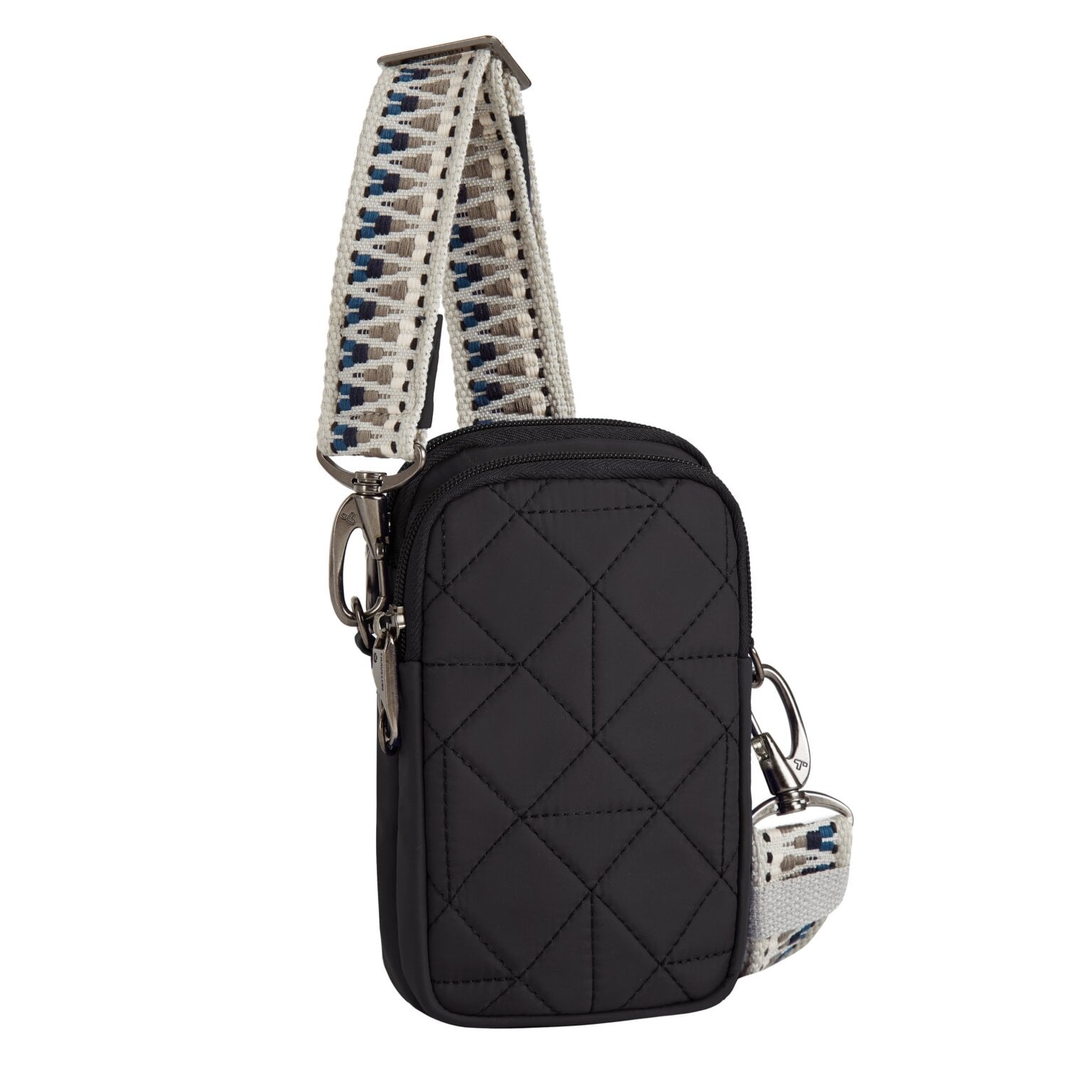 Vooraanzicht van de Travelon Boho telefoon crossbody in zwart