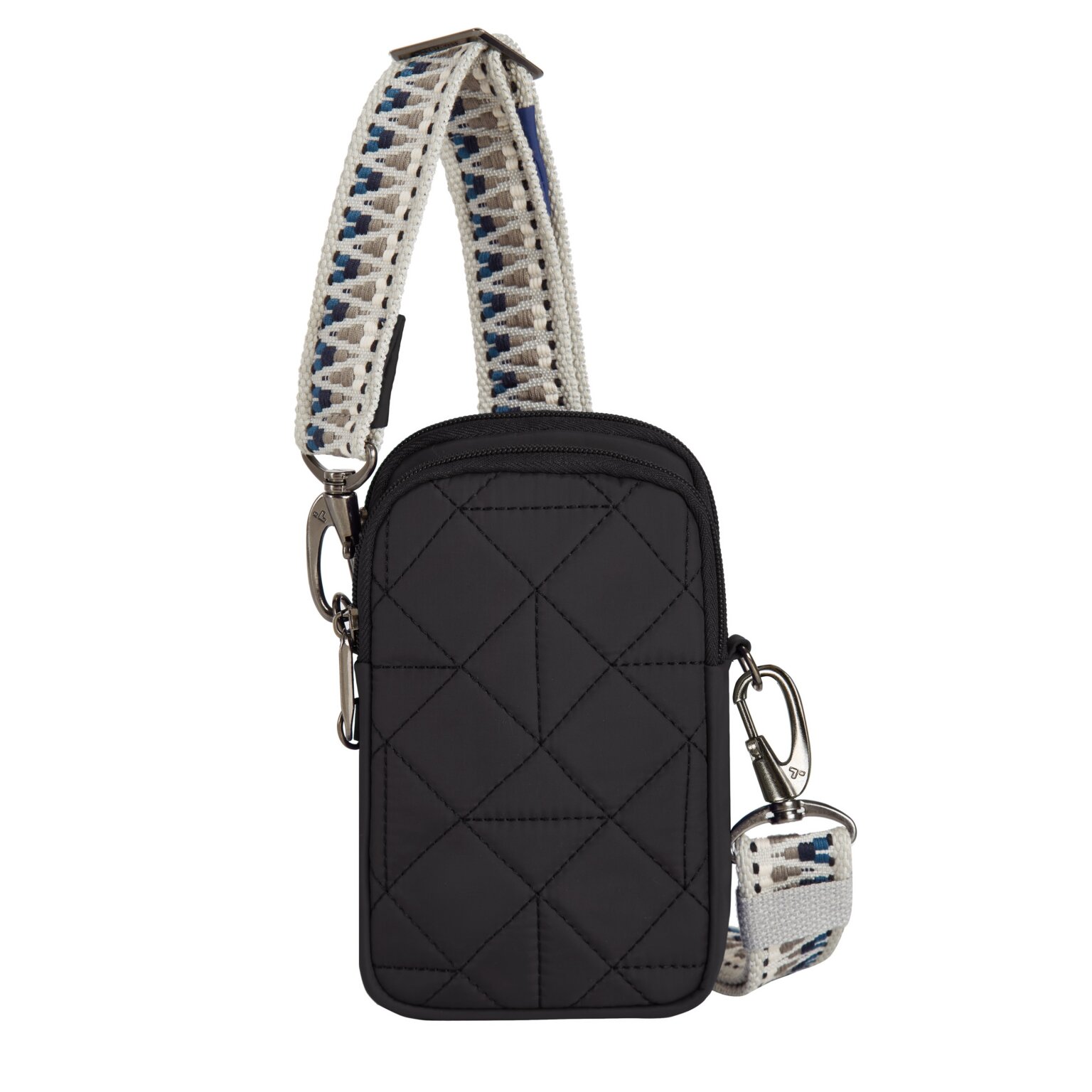 Vooraanzicht van de Travelon Boho telefoon crossbody in zwart