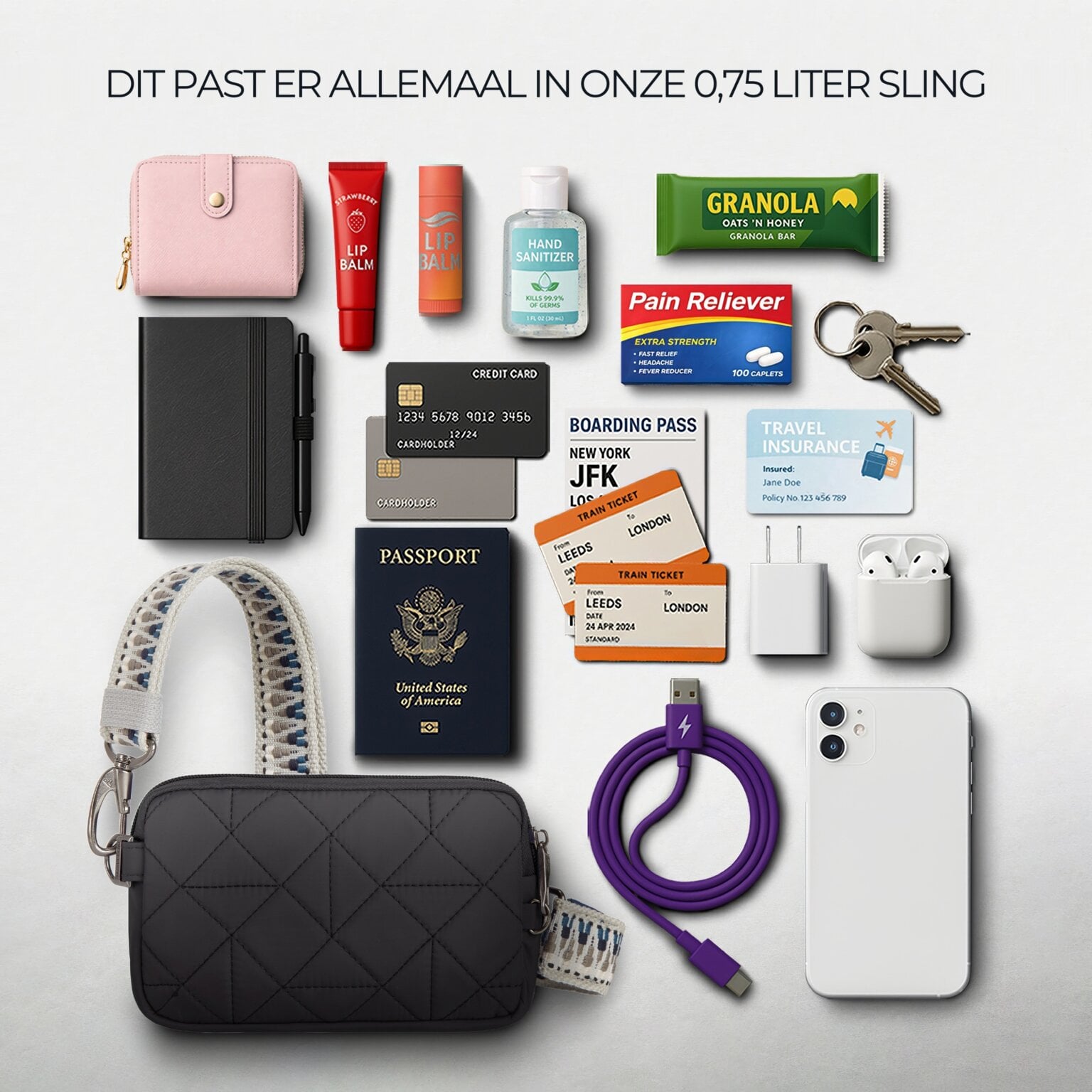 Overzicht van alles wat in de Travelon Boho telefoon sling in zwart past