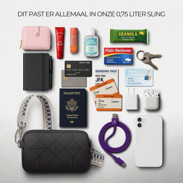 Overzicht van alles wat in de Travelon Boho telefoon sling in zwart past