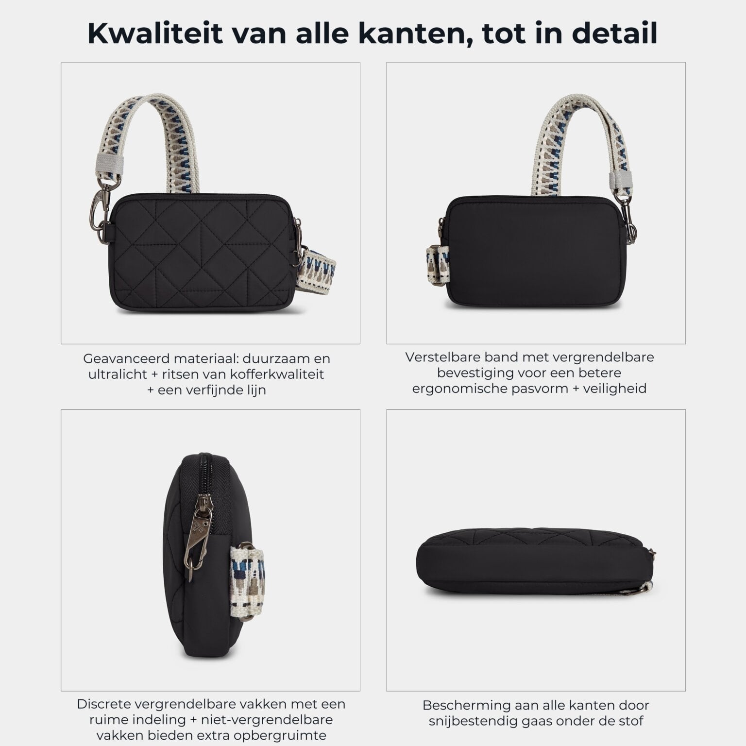 Kwaliteit en details van de Travelon Boho telefoon sling in zwart van alle kanten