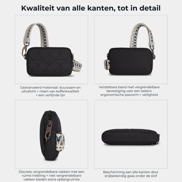 Kwaliteit en details van de Travelon Boho telefoon sling in zwart van alle kanten