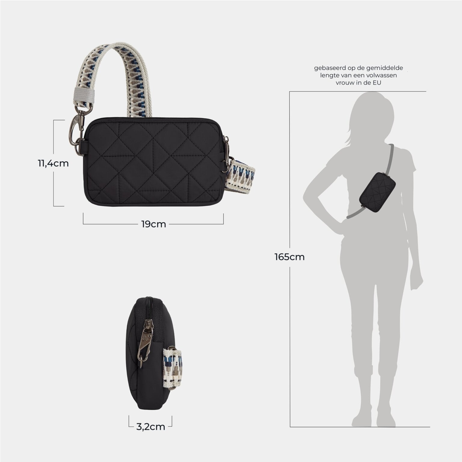 Maattekening van de Travelon Boho telefoon sling in zwart met de afmetingen in centimeters