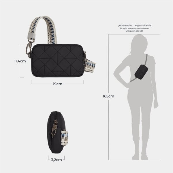 Maattekening van de Travelon Boho telefoon sling in zwart met de afmetingen in centimeters