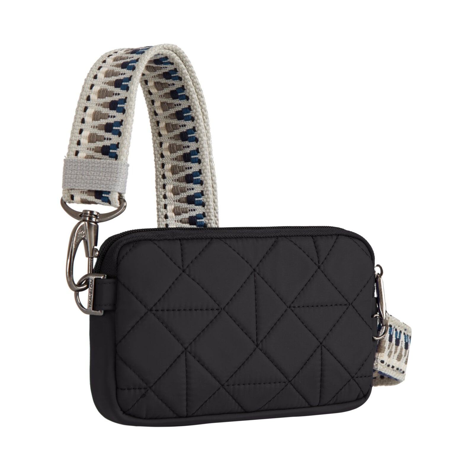 Vooraanzicht van de Travelon Boho telefoon sling in zwart