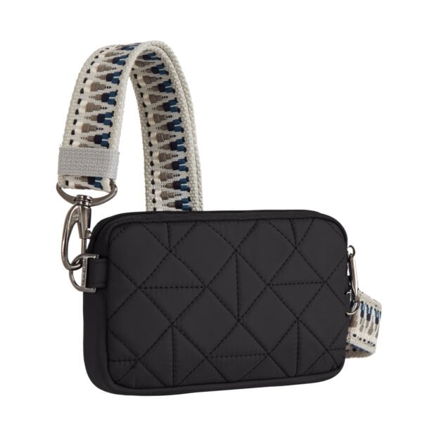 Vooraanzicht van de Travelon Boho telefoon sling in zwart