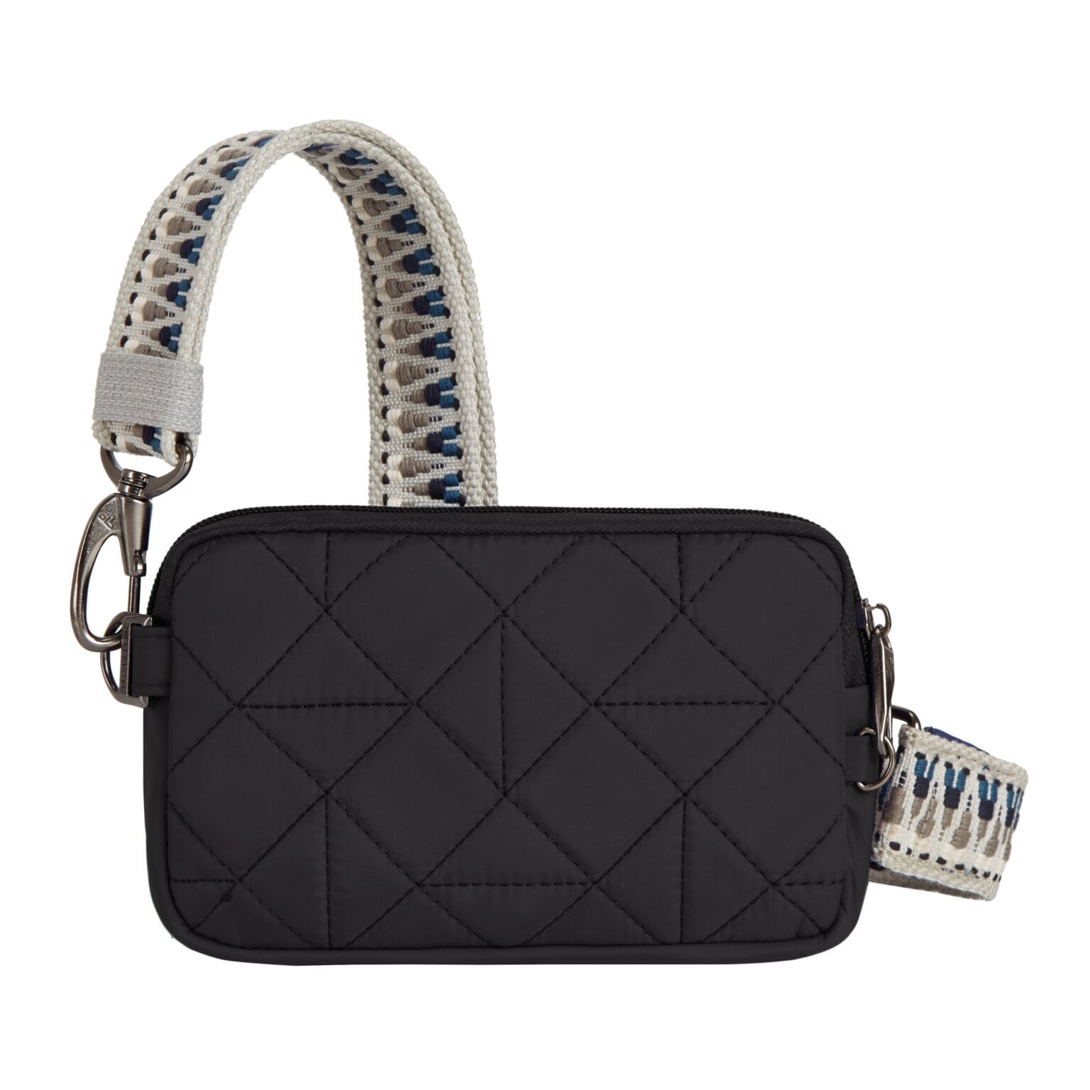 Vooraanzicht van de Travelon Boho telefoon sling in zwart