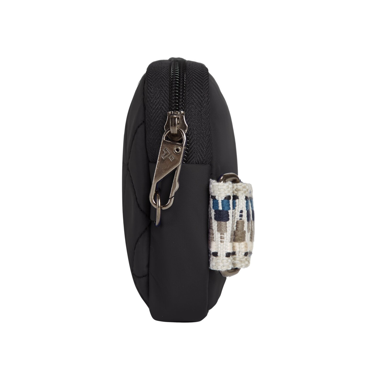 Zijkant van de Travelon Boho telefoon sling in zwart