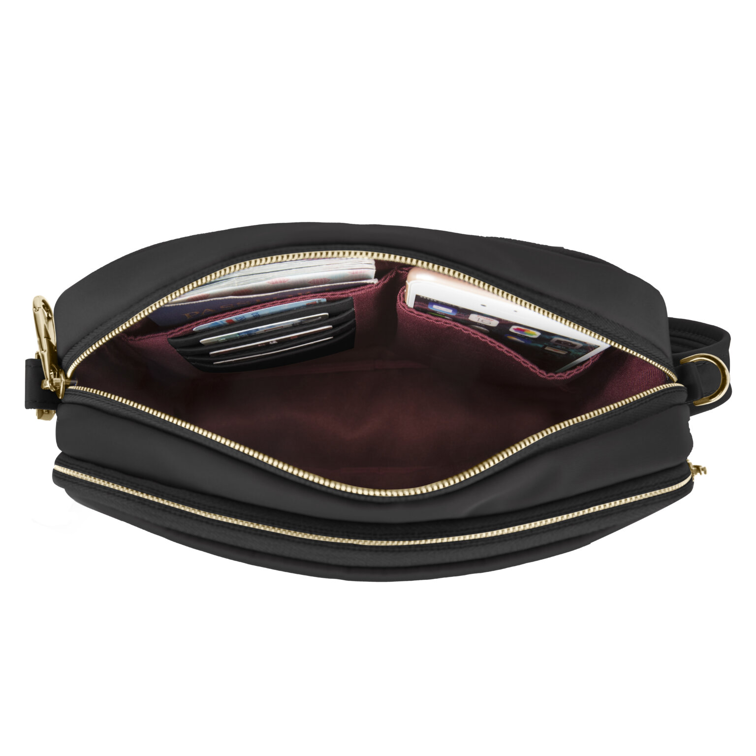 Hoofdvak van de Travelon Addison S crossbody tas in zwart met pasjes en telefoon